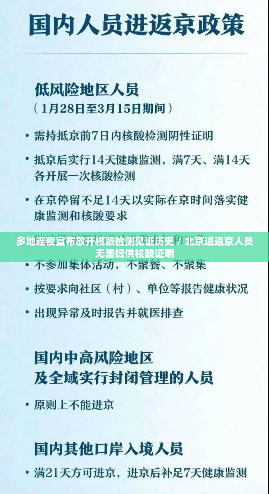 多地连夜宣布放开核酸检测见证历史 / 北京进返京人员无需提供核酸证明