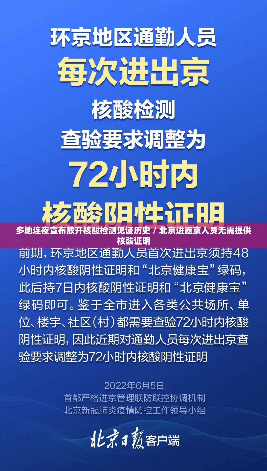 多地连夜宣布放开核酸检测见证历史 / 北京进返京人员无需提供核酸证明