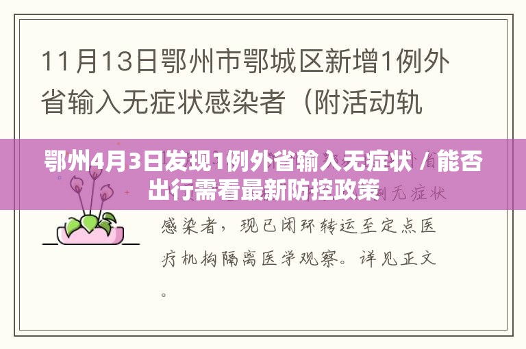 鄂州4月3日发现1例外省输入无症状 / 能否出行需看最新防控政策 鄂州4月3日发现1例外省输入无症状 / 能否出行需看最新防控政策