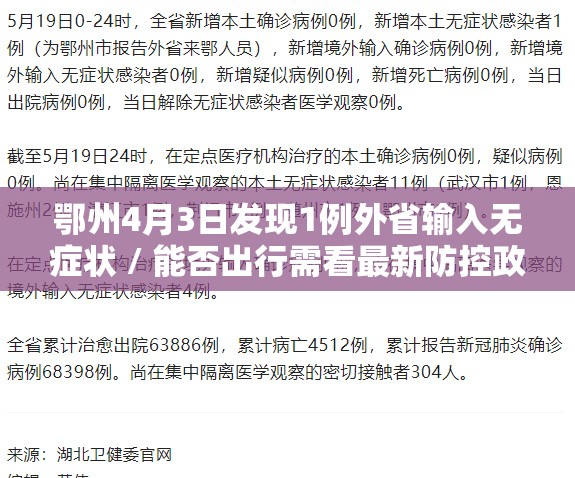 鄂州4月3日发现1例外省输入无症状 / 能否出行需看最新防控政策 鄂州4月3日发现1例外省输入无症状 / 能否出行需看最新防控政策